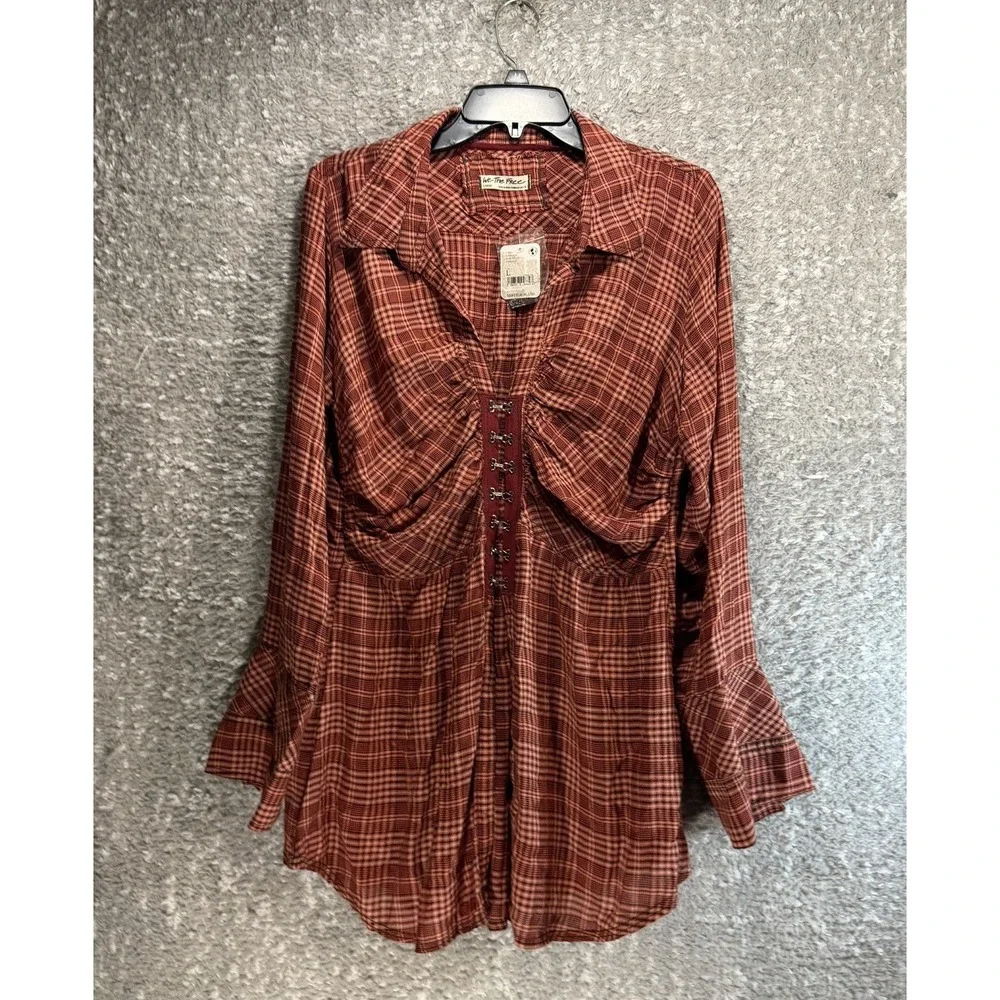Free People Catalina Remade Shirt Red Bell Long Sleeves L Boho Festival NWT